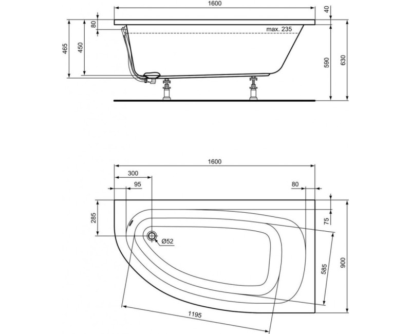 Ванна Ideal Standard Hotline, 160 x 90 см, акрил, правая, белая K275701