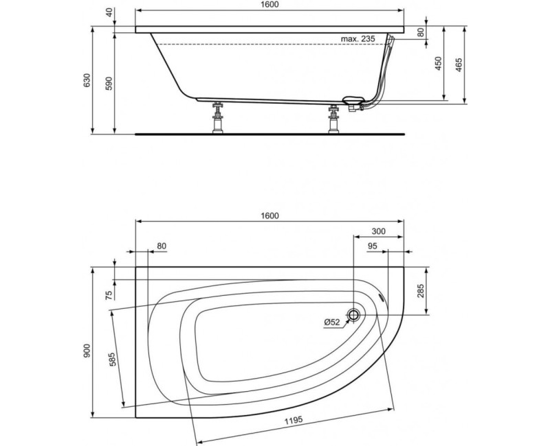 Vanna Ideal Standard Hotline, 160x90 cm, akrila, kreisā puse, balta K275801