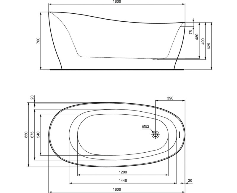 Brīvi stāvoša Vanna Ideal Standard Around, 180x85 cm, lietā akrila, matēti balta/melna K8715V2
