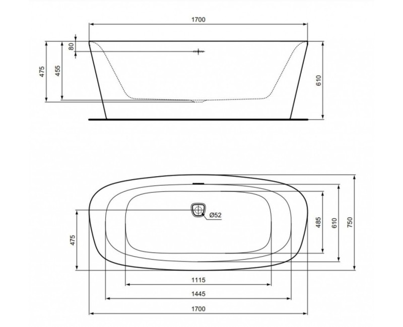 Свободностоящая ванна Ideal Standard Dea, 170x75 см, литой акрил, матовая белая/черная K8720V3