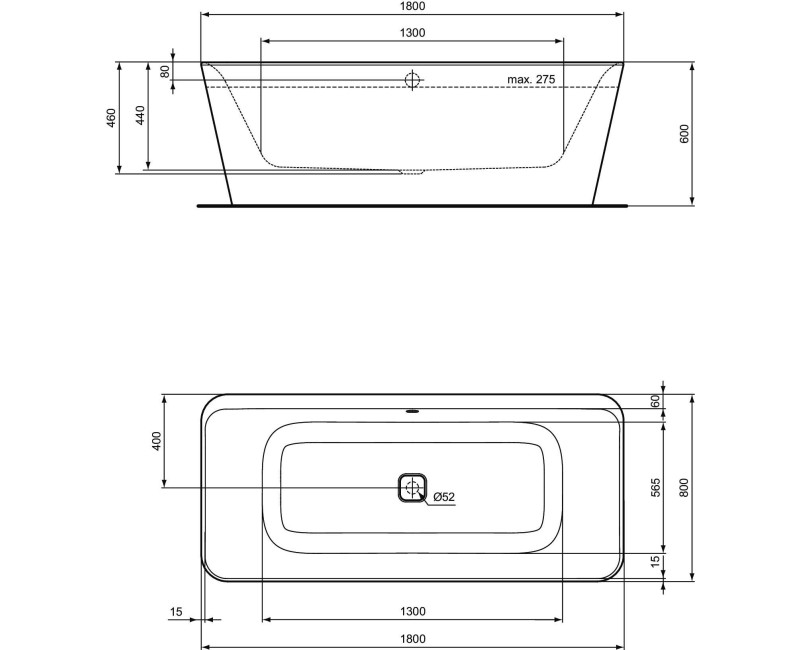Свободностоящая ванна Ideal Standard Tonic II, 180x80 см, литой акрил, матовая белая/черная K8726V3