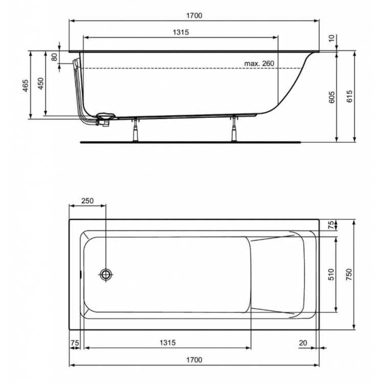 Vanna Ideal Standard Connect Air, 170x75 cm, akrila, balta R029501