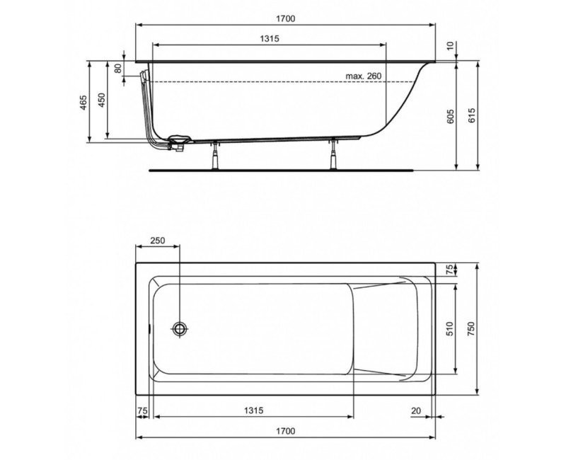 Ванна Ideal Standard Connect Air, 170x75 см, акрил, матовый белый R0295V1