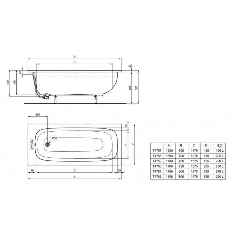 Vanna Ideal Standard i.Life, 150x70 cm, akrila, balta T475701