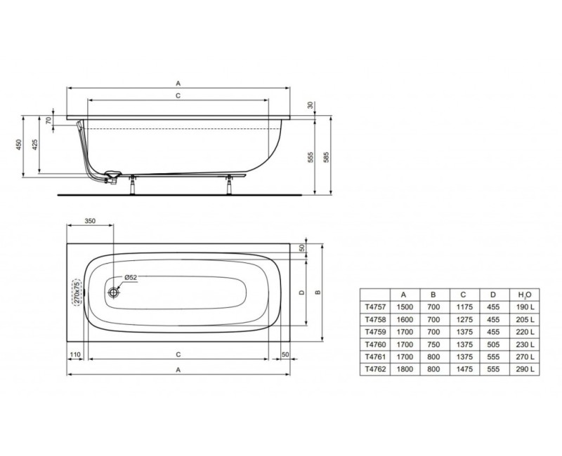 Vanna Ideal Standard i.Life, 170x80 cm, akrila, balta T476101