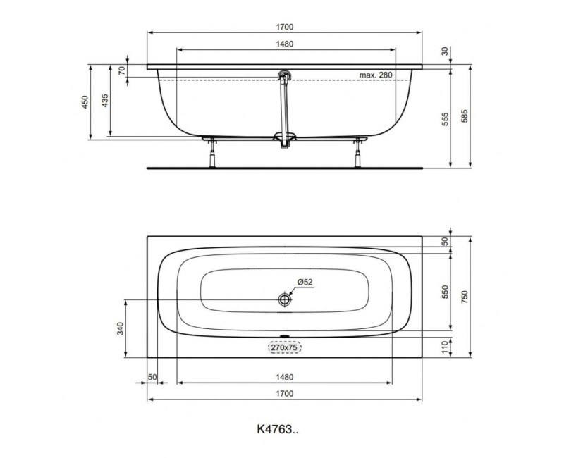 Vanna Ideal Standard i.Life DUO, 170x75 cm, akrila, balta T476301