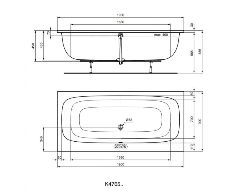 Vanna Ideal Standard i.Life DUO, 190X90 cm, akrila, balta T476501