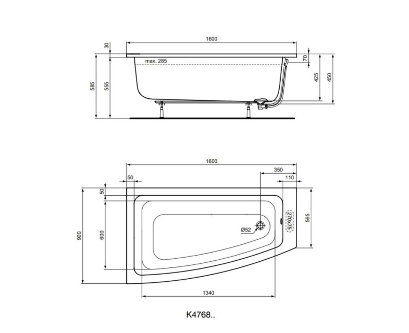 Vanna Ideal Standard i.Life, 160x90 cm, akrila, kreisā puse, balta T476801