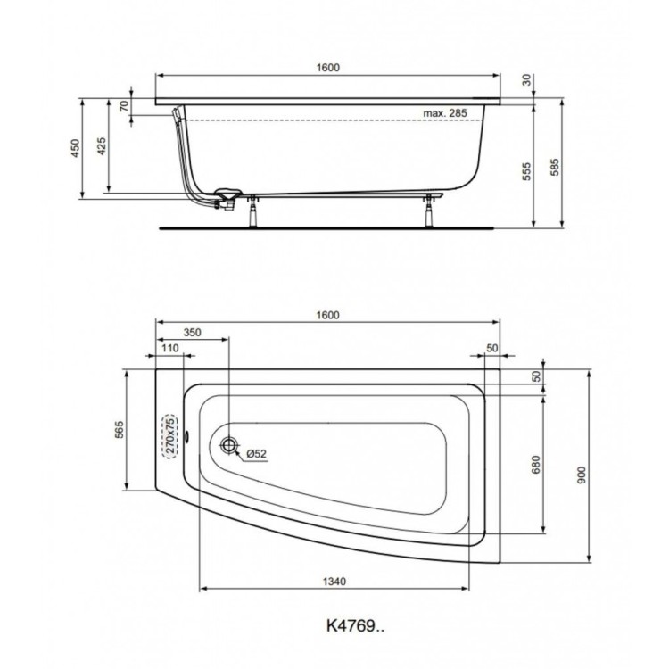 Vanna Ideal Standard i.Life, 160x90 cm, akrila, labā puse, balta T476901