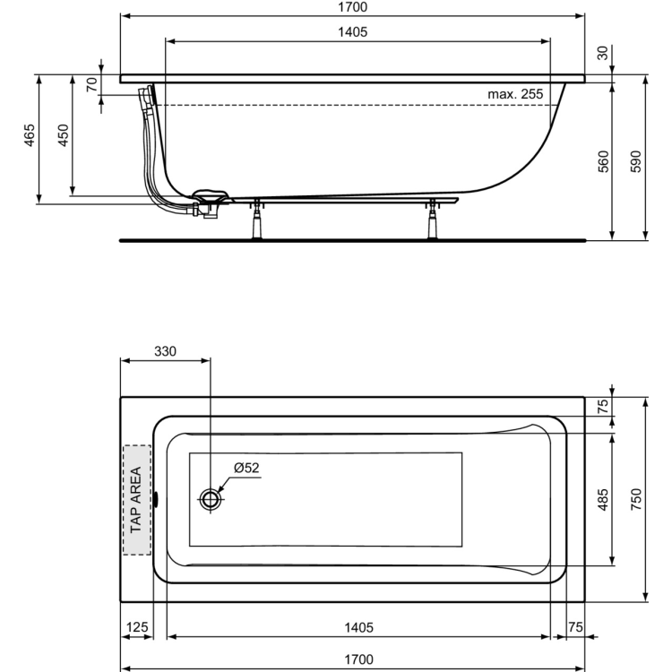 Vanna Ideal Standard La Dolce Vita, 170x75 cm, akrila, balta T540301 Vanna Ideal Standard La Dolce Vita, 170x75 cm, akrila, balta T540301