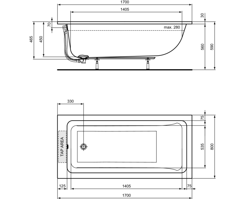 Vanna Ideal Standard La Dolce Vita, 170x80 cm, akrila, balta T540401