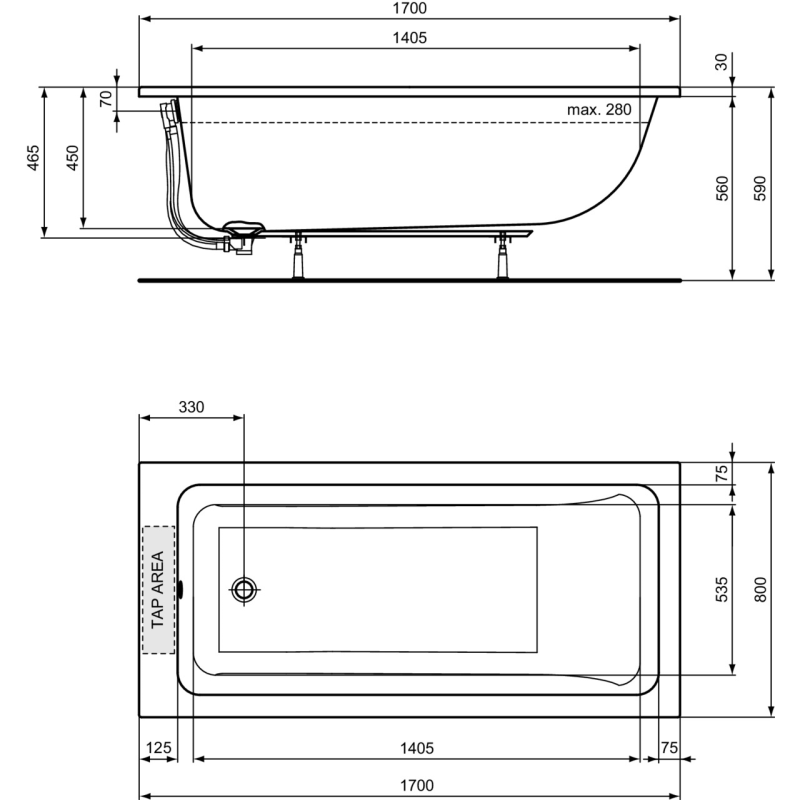 Vanna Ideal Standard La Dolce Vita, 170x80 cm, akrila, balta T540401 Vanna Ideal Standard La Dolce Vita, 170x80 cm, akrila, balta T540401