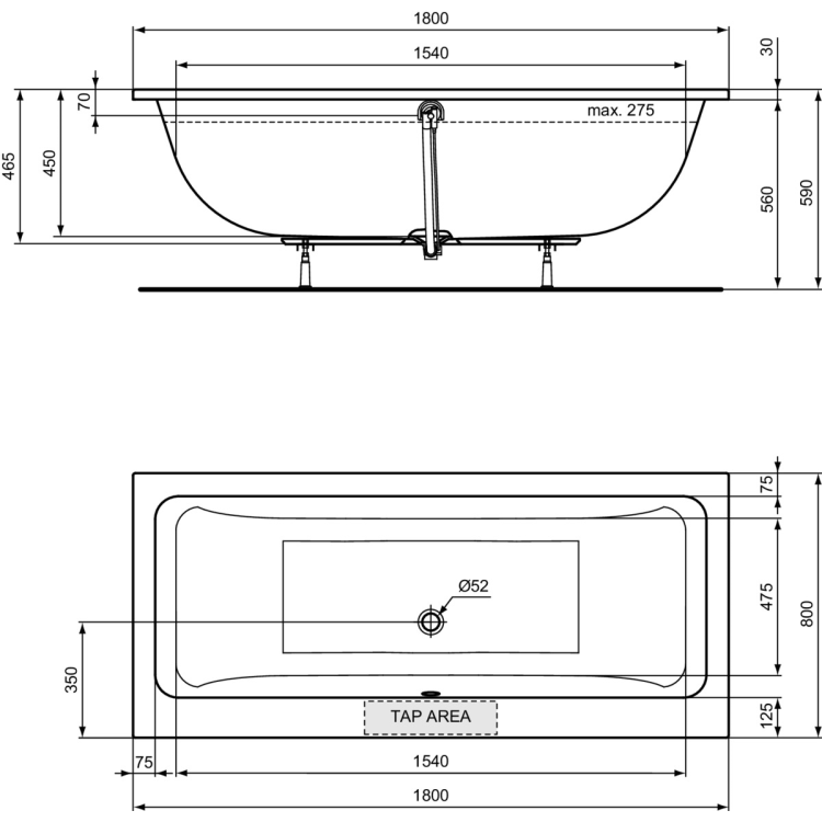 Vanna Ideal Standard La Dolce Vita, 180x80 cm, akrila, balta T540601 Vanna Ideal Standard La Dolce Vita, 180x80 cm, akrila, balta T540601