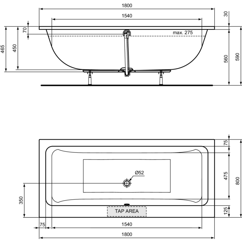 Vanna Ideal Standard La Dolce Vita, 180x80 cm, akrila, balta T540601 Vanna Ideal Standard La Dolce Vita, 180x80 cm, akrila, balta T540601