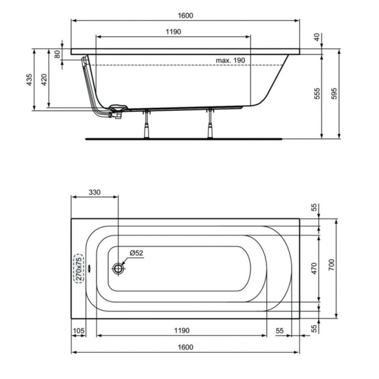 Vanna Ideal Standard Simplicity, 160x70 cm, akrila, balta W004301