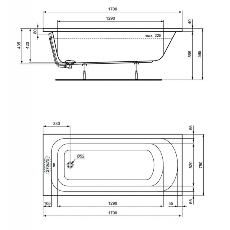 Vanna Ideal Standard Simplicity, 170x75 cm, akrila, balta W004501