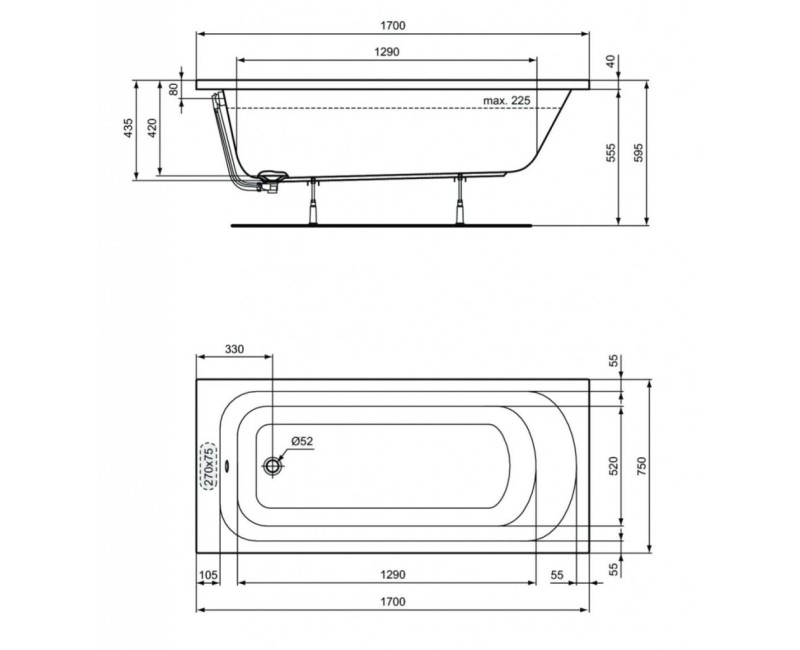Vanna Ideal Standard Simplicity, 170x75 cm, akrila, balta W004501