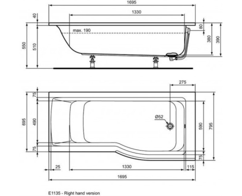 Свободностоящая ванна Ideal Standard Connect Air, 170x80 см, литой акрил, белая E113501