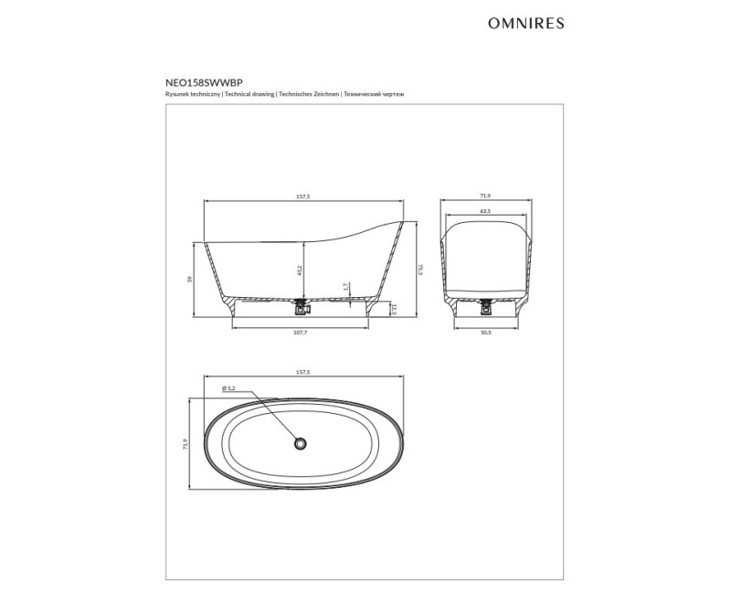 Отдельностоящая ванна OMNIRES NEO M+ с высокой спинкой, 158 x 72 см