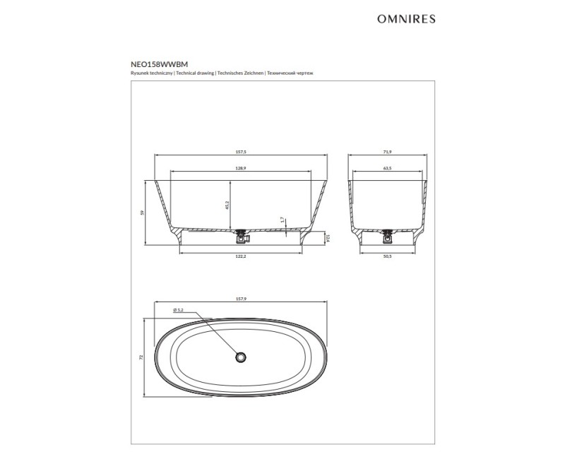 Отдельностоящая ванна OMNIRES NEO M+, 158 x 72 см