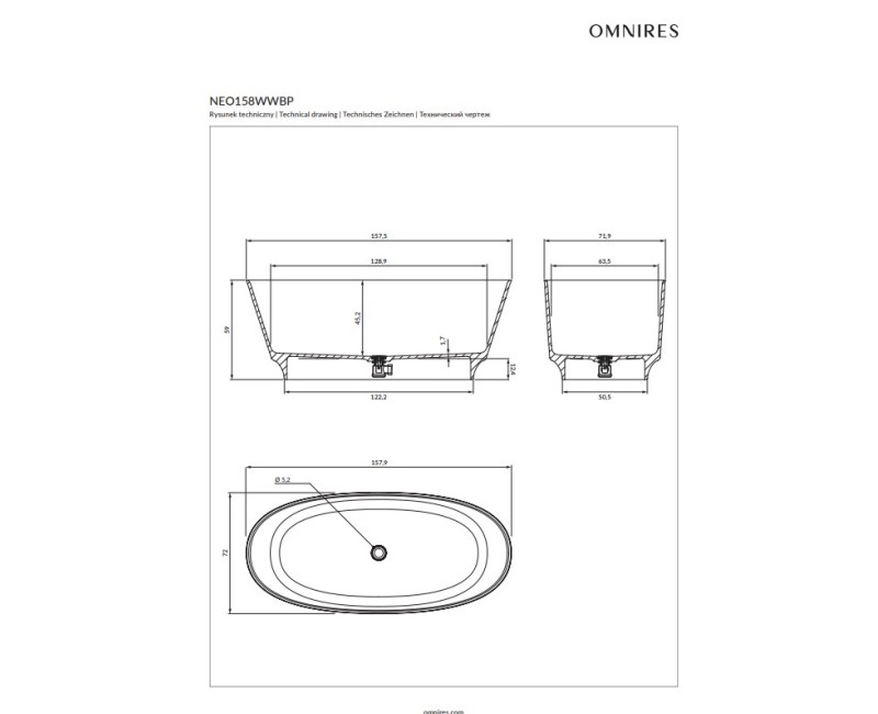 Отдельностоящая ванна OMNIRES NEO M+, 158 x 72 см