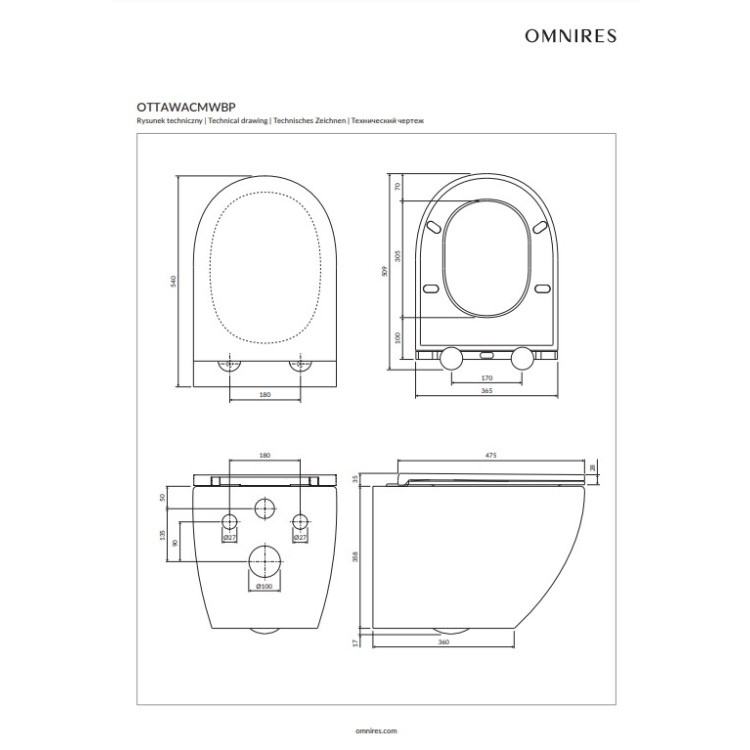 Унитаз подвесной Omnires OTTAWA COMFORT Rimfree с крышкой Soft Close, белый глянцевый