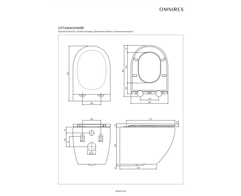 Унитаз подвесной Omnires OTTAWA COMFORT Rimfree с крышкой Soft Close, белый глянцевый