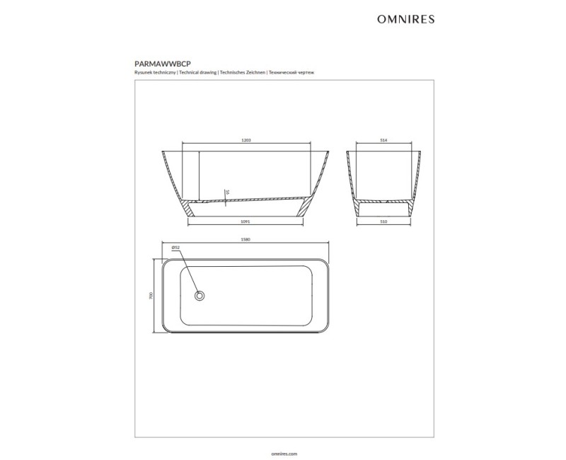 Отдельностоящая ванна OMNIRES PARMA M+, 159 x 71 см