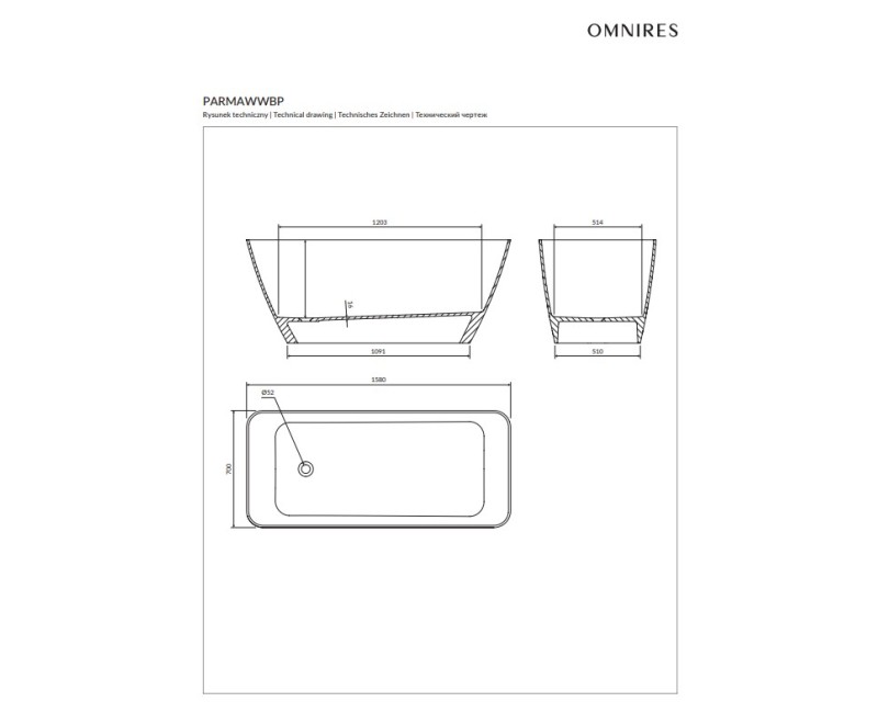 Отдельностоящая ванна OMNIRES PARMA M+, 159 x 71 см