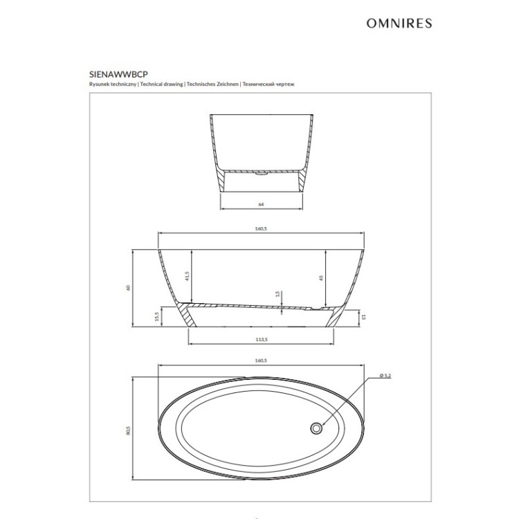 Отдельностоящая ванна OMNIRES SIENA M+, 161 x 81 см Отдельностоящая ванна OMNIRES SIENA M+, 161 x 81 см