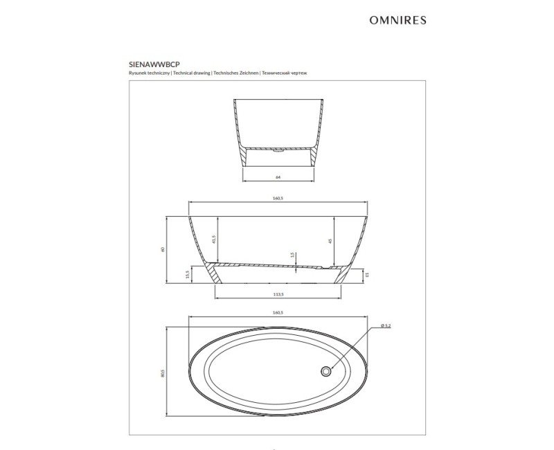 Отдельностоящая ванна OMNIRES SIENA M+, 161 x 81 см