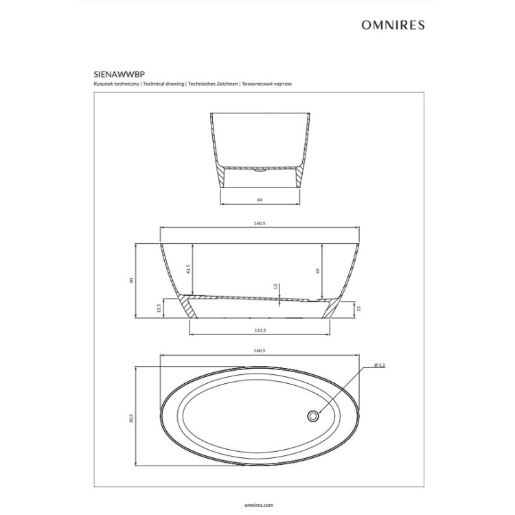 Отдельностоящая ванна OMNIRES SIENA M+, 161 x 81 см Отдельностоящая ванна OMNIRES SIENA M+, 161 x 81 см