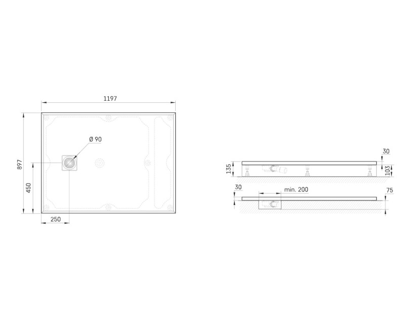 Душевой поддон Paa LETTERA Каменная масса 90x120см (Поддон, сифон) Белый