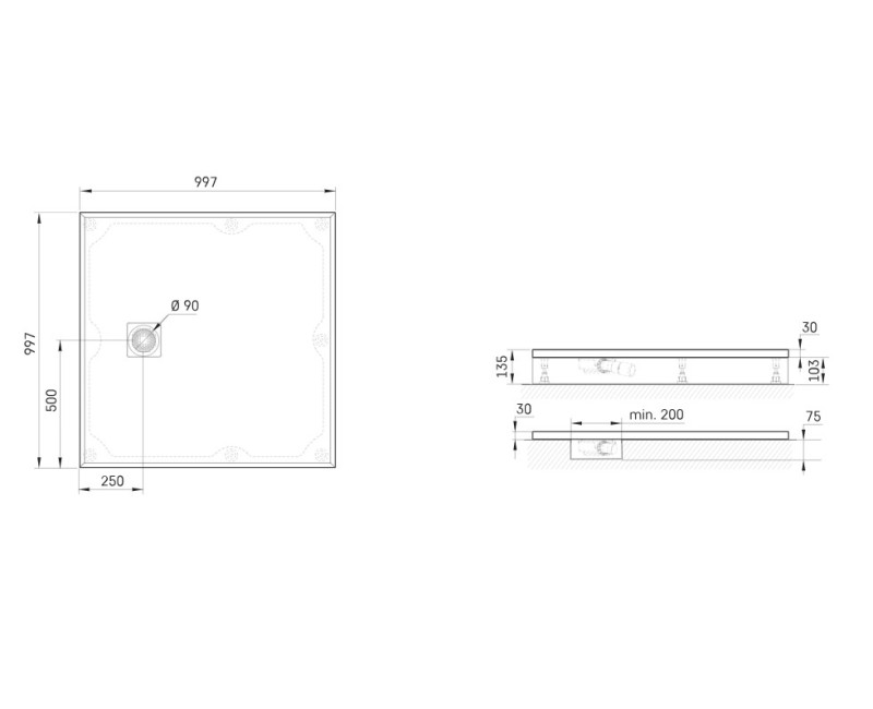 Dušas paliktnis Paa LETTERA KV100 Akmens masas 100x100cm  (Paliktnis, sifons) Balts