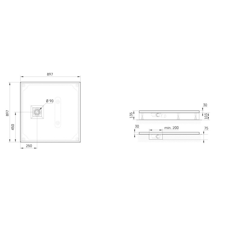 Душевой поддон Paa LETTERA Каменная масса 90x90см (Поддон, сифон) Белый