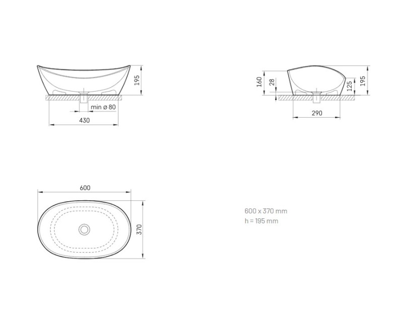 Раковина PAA AMORE SilkStone 600х370мм матовый серый