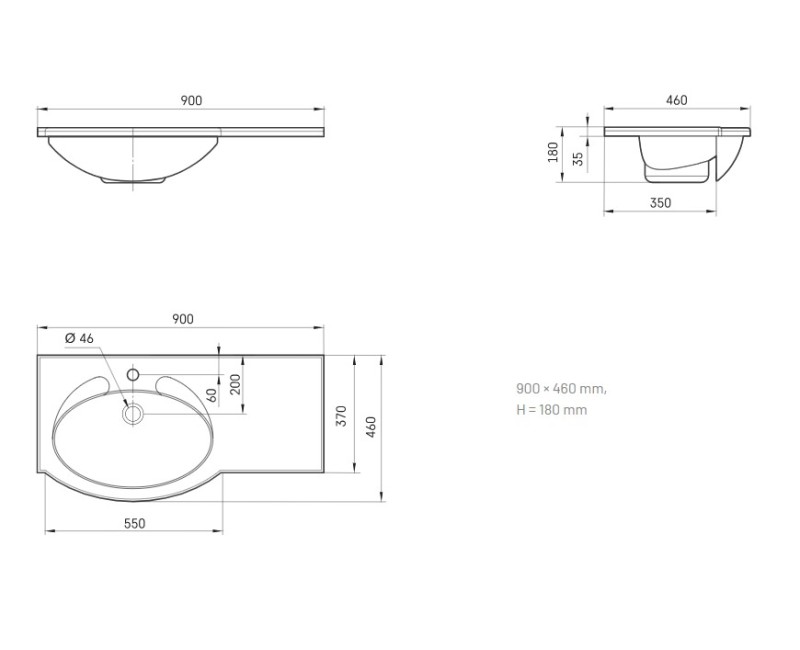 Раковина PAA Delta Каменная массаа 900х460мм, с правым удлинением Белый