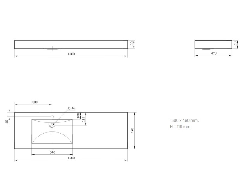 Izlietne PAA LONG STEP Akmens masas 1500x490mm, Kreisā ar labo pagarinājumu Balta
