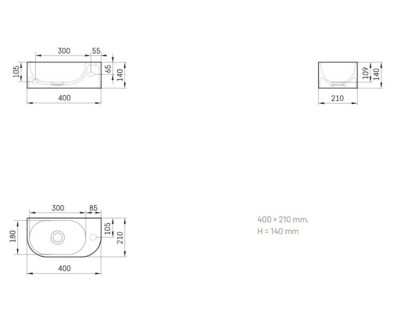 Раковина PAA RE Right SilkStone 400х210мм Белый