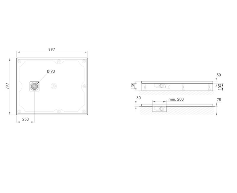 Dušas paliktnis Paa LETTERA Akmens masas 80x100cm, (Paliktnis, panelis, sifons) Balts