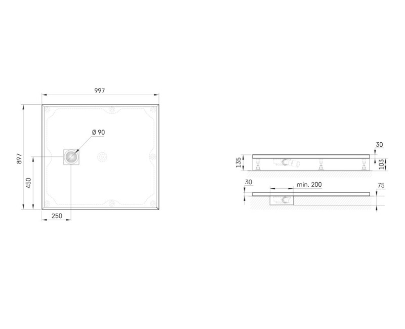 Душевой поддон Paa LETTERA Каменная масса 90x100см (Поддон, панель, сифон) Белый