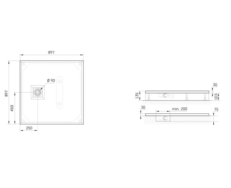Душевой поддон Paa LETTERA KV90 Каменная масса 90х90см (Поддон, панель, сифон) Белый