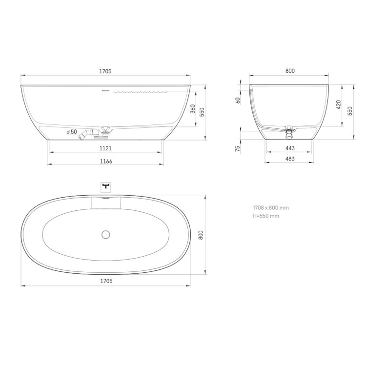 Vanna Paa Bella SilkStone, 1705x800mm grafita Vanna Paa Bella SilkStone, 1705x800mm grafita