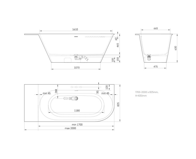 Ванна Paa DECO SHAPE RE D SilkStone 1700-2000x725мм Белая