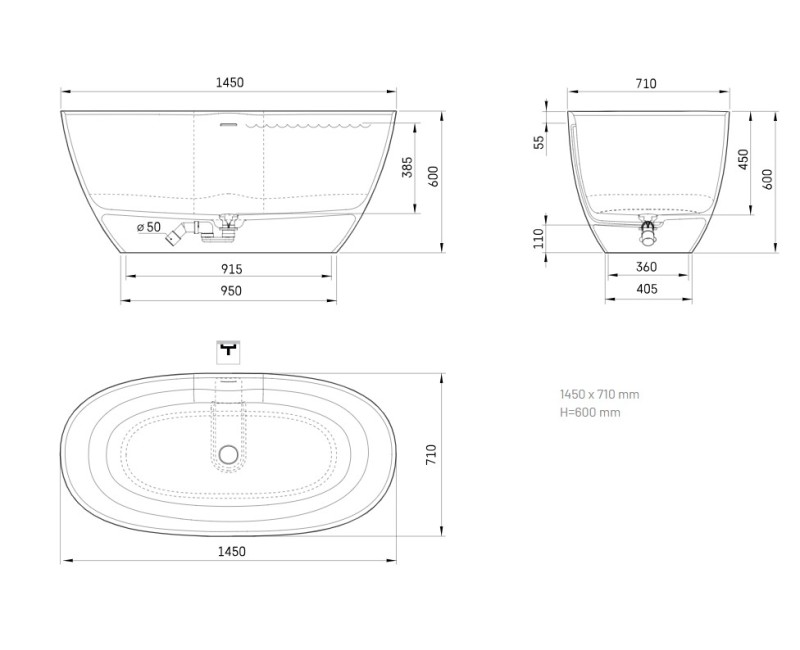 Ванна Paa Perla Каменная масса 1450х7100мм Белая