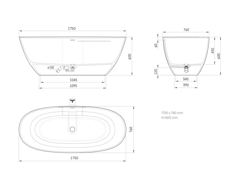 Ванна Paa Perla Каменная масса 1750х760мм Белая