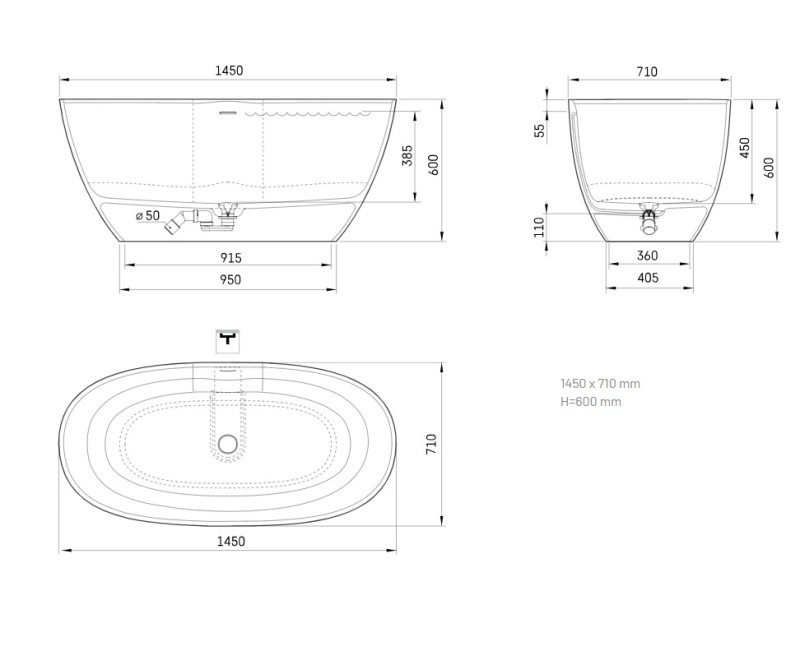 Ванна Paa PERLA SilkStone 1450x710мм Матовый серый
