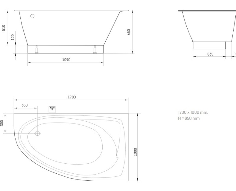 Vanna Paa TRE A Akmens masas1700x1000mm kreisā, Balta