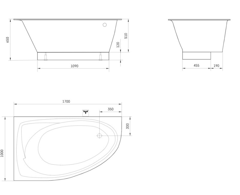 Ванна Paa TRE D Каменная масса 1600х100мм правая, Белый
