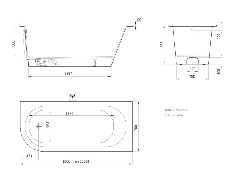 Ванна Paa VARIO L Каменная масса с закругленным углом C 1680x750мм Белая